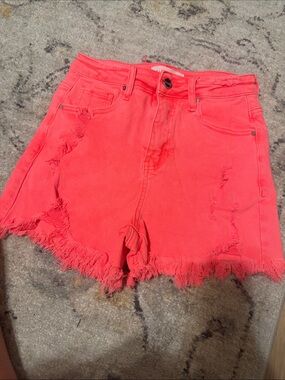 Bright Coral Distressed Denim Shorts